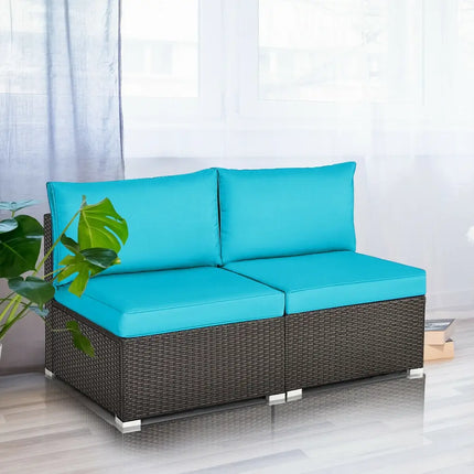 2 Pieces Patio Rattan Armless Sofa Set with 2 Cushions and 2 Pillows-Blue - Blue - Outdoor Sectionals