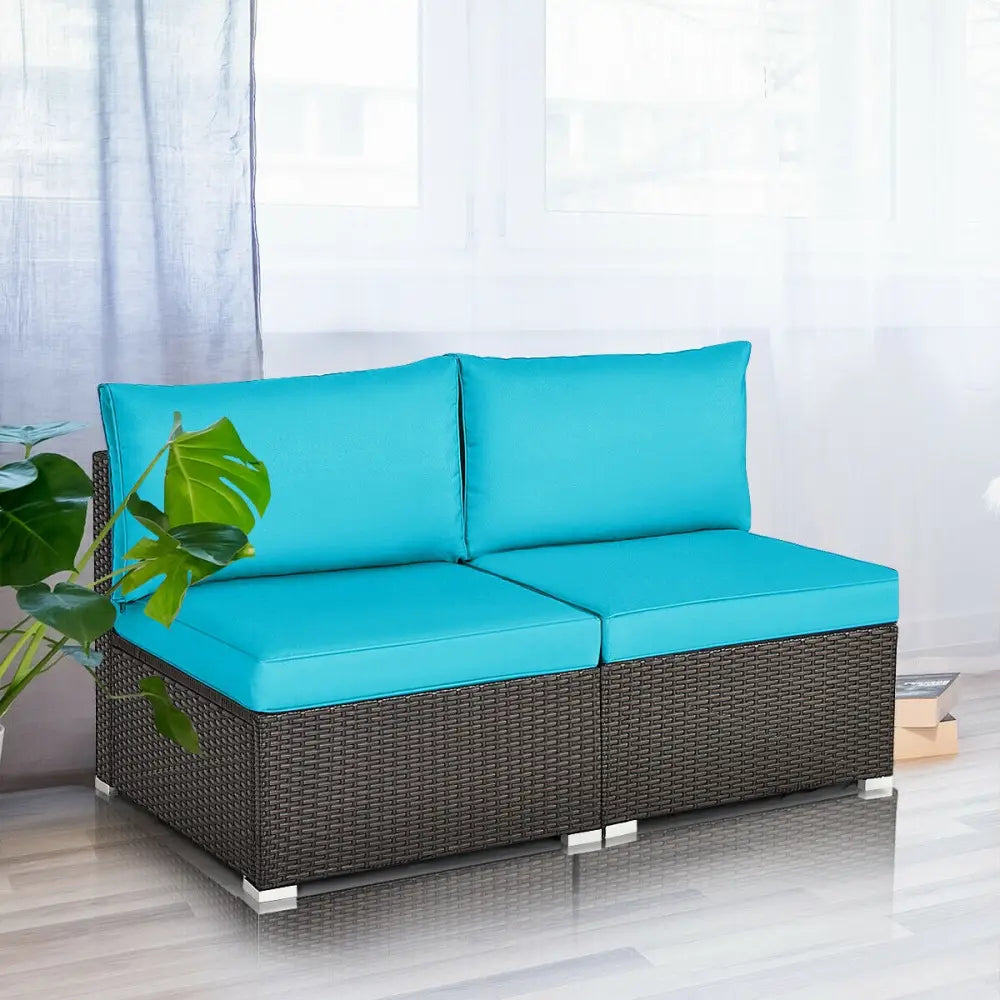 2 Pieces Patio Rattan Armless Sofa Set with 2 Cushions and 2 Pillows-Blue - Blue - Outdoor Sectionals