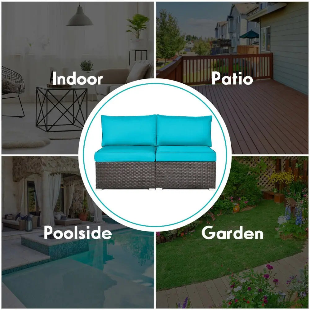 2 Pieces Patio Rattan Armless Sofa Set with 2 Cushions and 2 Pillows-Blue - Blue - Outdoor Sectionals