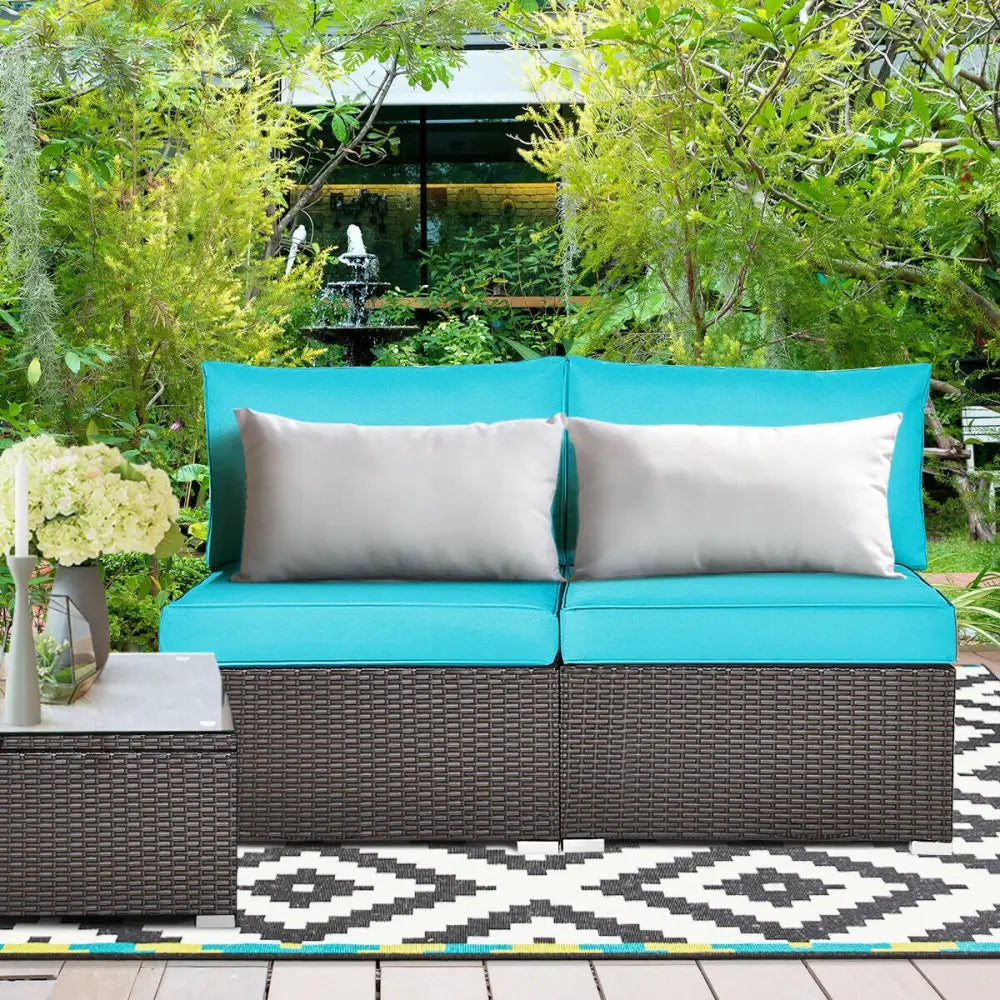 2 Pieces Patio Rattan Armless Sofa Set with 2 Cushions and 2 Pillows-Blue - Blue - Outdoor Sectionals