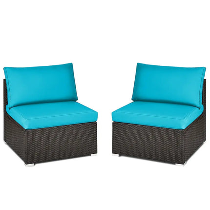 2 Pieces Patio Rattan Armless Sofa Set with 2 Cushions and 2 Pillows-Blue - Blue - Outdoor Sectionals