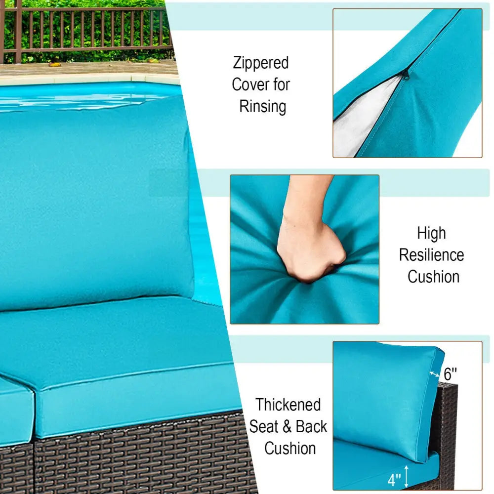 2 Pieces Patio Rattan Armless Sofa Set with 2 Cushions and 2 Pillows-Blue - Blue - Outdoor Sectionals