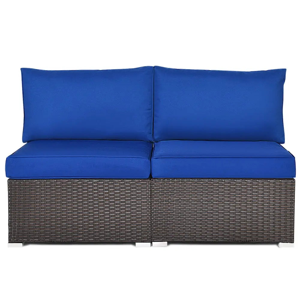 2 Pieces Patio Rattan Armless Sofa Set with 2 Cushions and 2 Pillows-Navy - Navy - Outdoor Sectionals