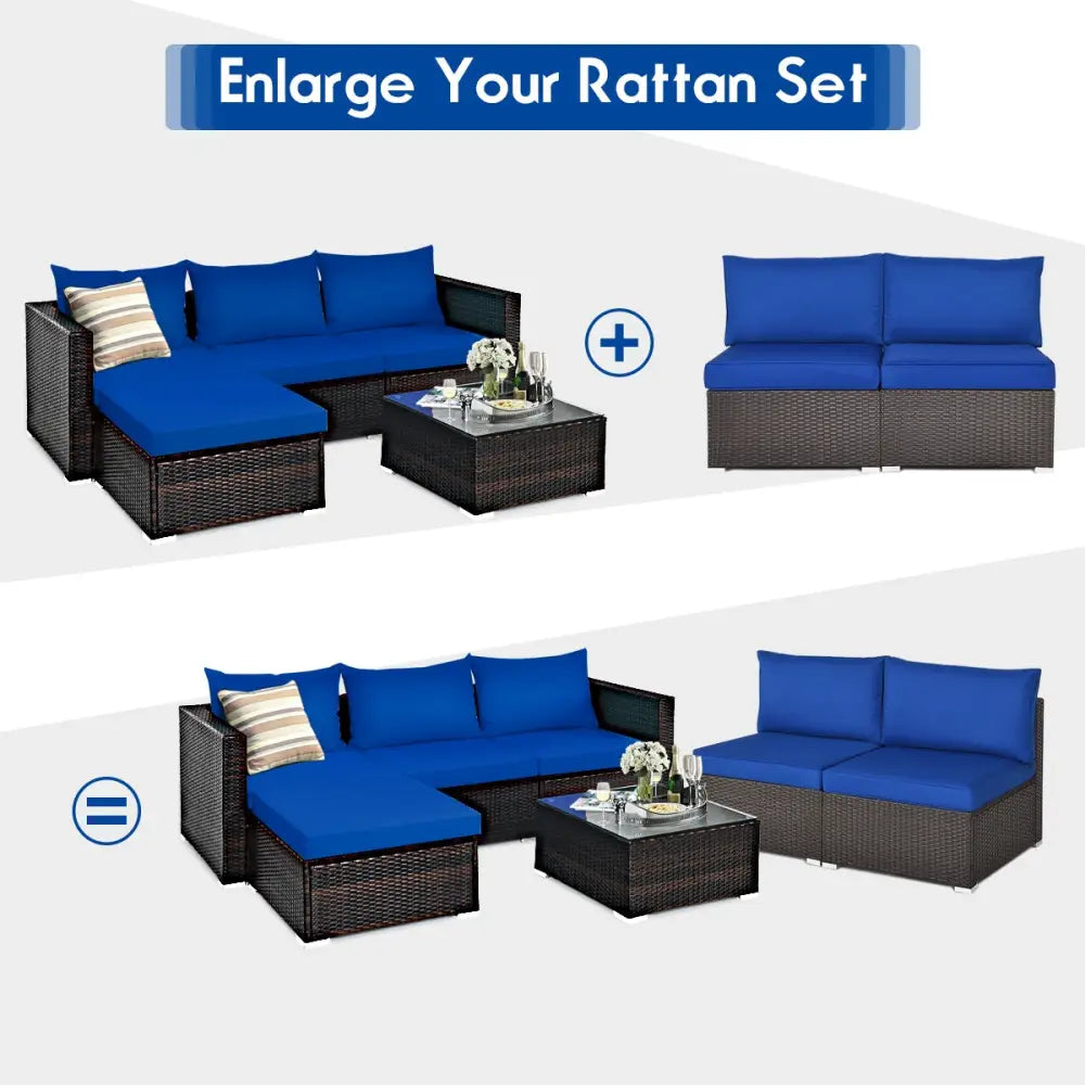 2 Pieces Patio Rattan Armless Sofa Set with 2 Cushions and 2 Pillows-Navy - Navy - Outdoor Sectionals