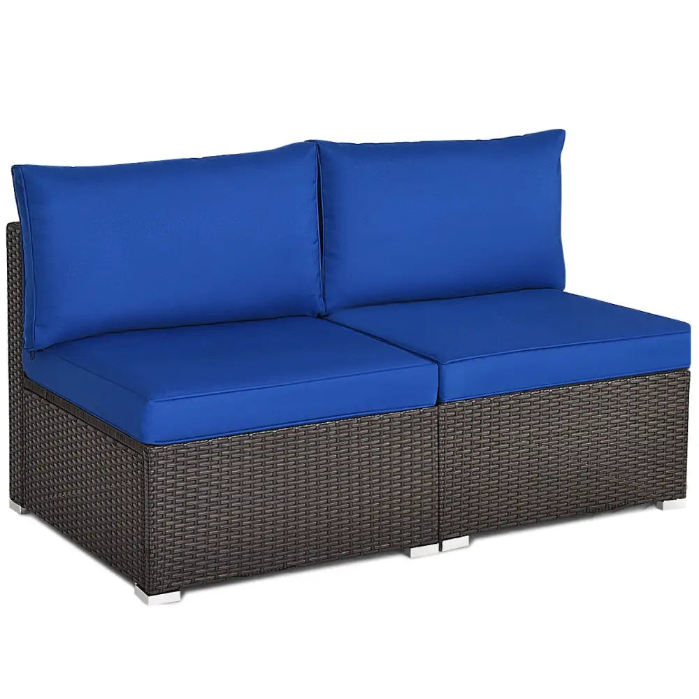 2 Pieces Patio Rattan Armless Sofa Set with 2 Cushions and 2 Pillows-Navy - Navy - Outdoor Sectionals