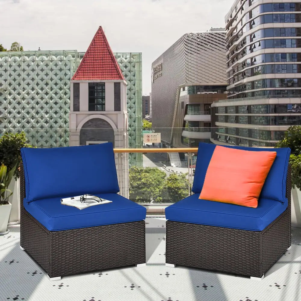 2 Pieces Patio Rattan Armless Sofa Set with 2 Cushions and 2 Pillows-Navy - Navy - Outdoor Sectionals