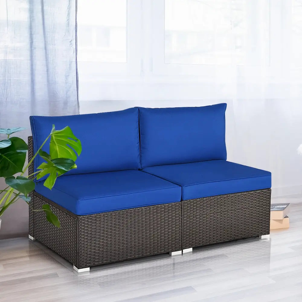 2 Pieces Patio Rattan Armless Sofa Set with 2 Cushions and 2 Pillows-Navy - Navy - Outdoor Sectionals