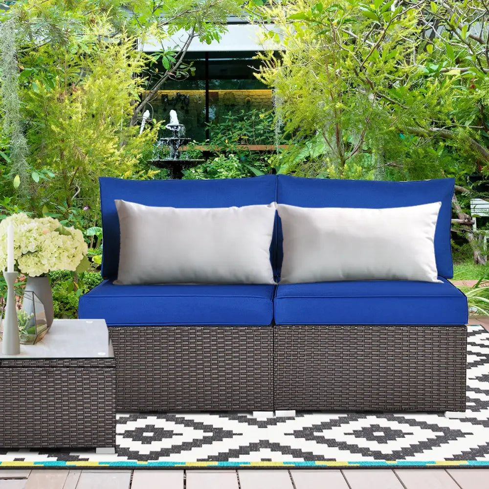 2 Pieces Patio Rattan Armless Sofa Set with 2 Cushions and 2 Pillows-Navy - Navy - Outdoor Sectionals