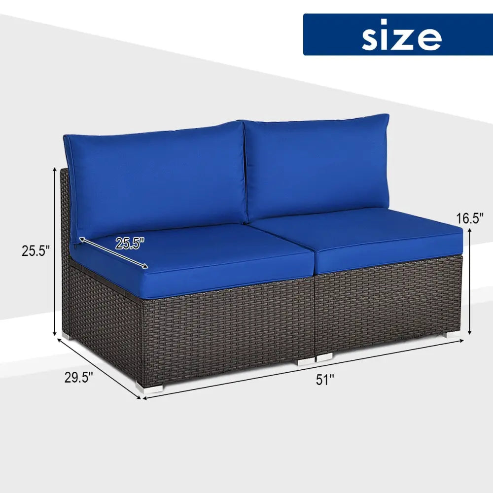 2 Pieces Patio Rattan Armless Sofa Set with 2 Cushions and 2 Pillows-Navy - Navy - Outdoor Sectionals