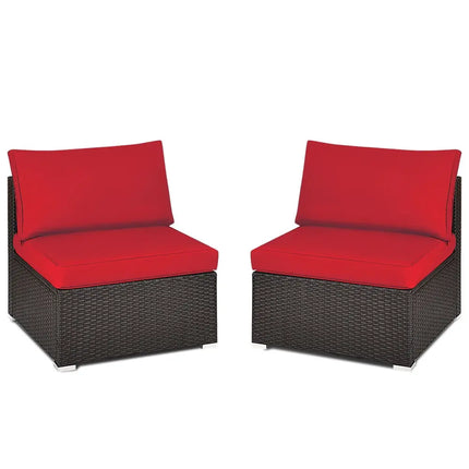 2 Pieces Patio Rattan Armless Sofa Set with 2 Cushions and 2 Pillows-Red - Red - Outdoor Sectionals