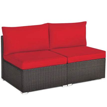 2 Pieces Patio Rattan Armless Sofa Set with 2 Cushions and 2 Pillows-Red - Red - Outdoor Sectionals