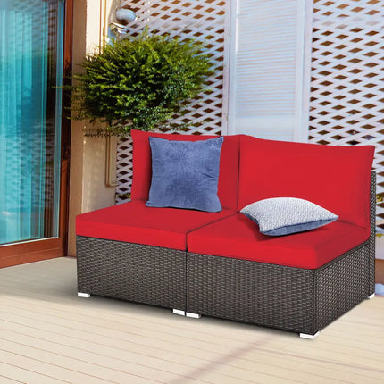 2 Pieces Patio Rattan Armless Sofa Set with 2 Cushions and 2 Pillows-Red - Red - Outdoor Sectionals