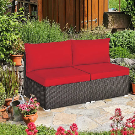 2 Pieces Patio Rattan Armless Sofa Set with 2 Cushions and 2 Pillows-Red - Red - Outdoor Sectionals