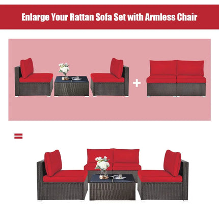2 Pieces Patio Rattan Armless Sofa Set with 2 Cushions and 2 Pillows-Red - Red - Outdoor Sectionals
