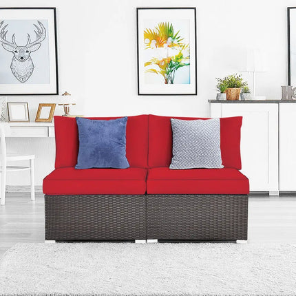 2 Pieces Patio Rattan Armless Sofa Set with 2 Cushions and 2 Pillows-Red - Red - Outdoor Sectionals
