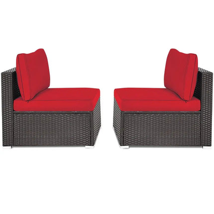 2 Pieces Patio Rattan Armless Sofa Set with 2 Cushions and 2 Pillows-Red - Red - Outdoor Sectionals