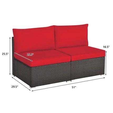 2 Pieces Patio Rattan Armless Sofa Set with 2 Cushions and 2 Pillows-Red - Red - Outdoor Sectionals