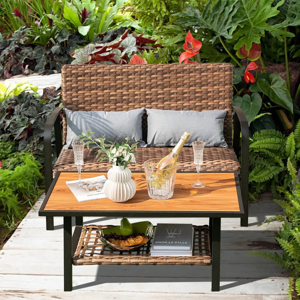 2 Pieces Patio Rattan Coffee Table Set with Shelf and Quick Dry Cushion - Brown - Outdoor Sectionals