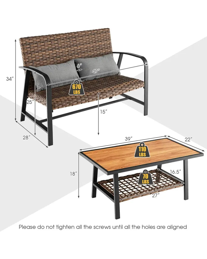 2 Pieces Patio Rattan Coffee Table Set with Shelf and Quick Dry Cushion - Brown - Outdoor Sectionals