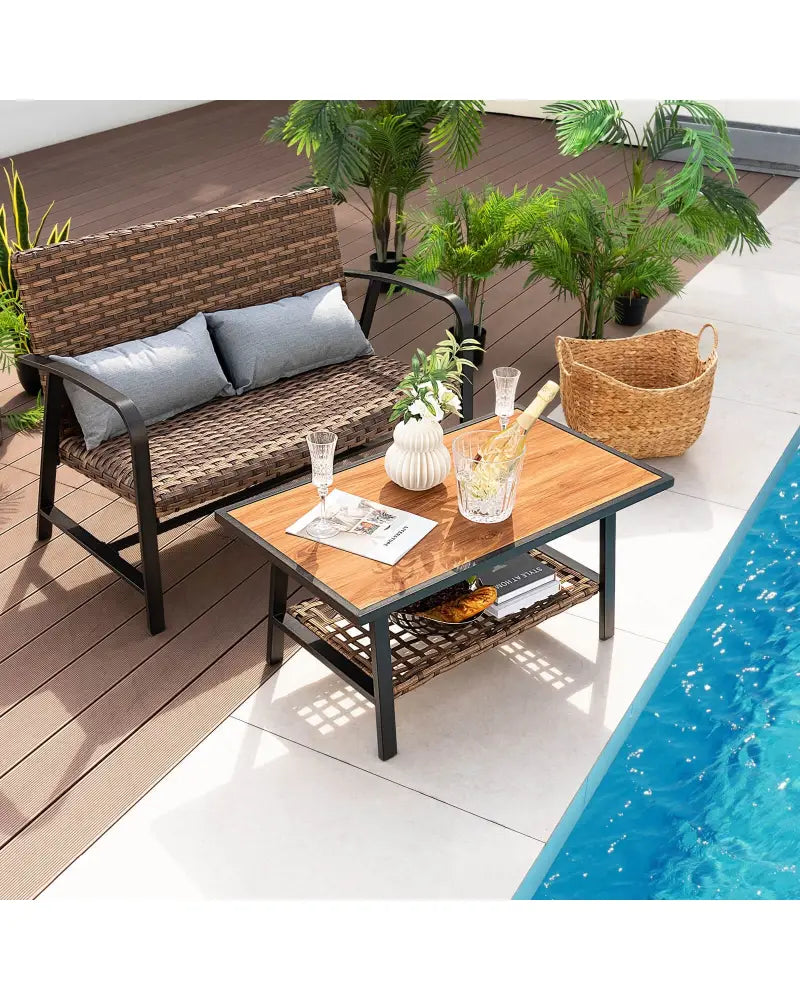 2 Pieces Patio Rattan Coffee Table Set with Shelf and Quick Dry Cushion - Brown - Outdoor Sectionals