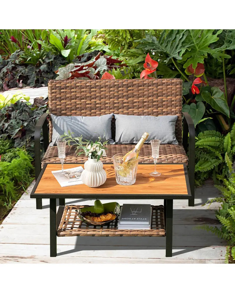 2 Pieces Patio Rattan Coffee Table Set with Shelf and Quick Dry Cushion - Brown - Outdoor Sectionals