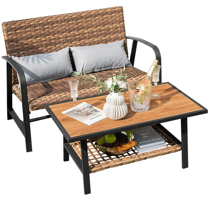 2 Pieces Patio Rattan Coffee Table Set with Shelf and Quick Dry Cushion - Brown - Outdoor Sectionals