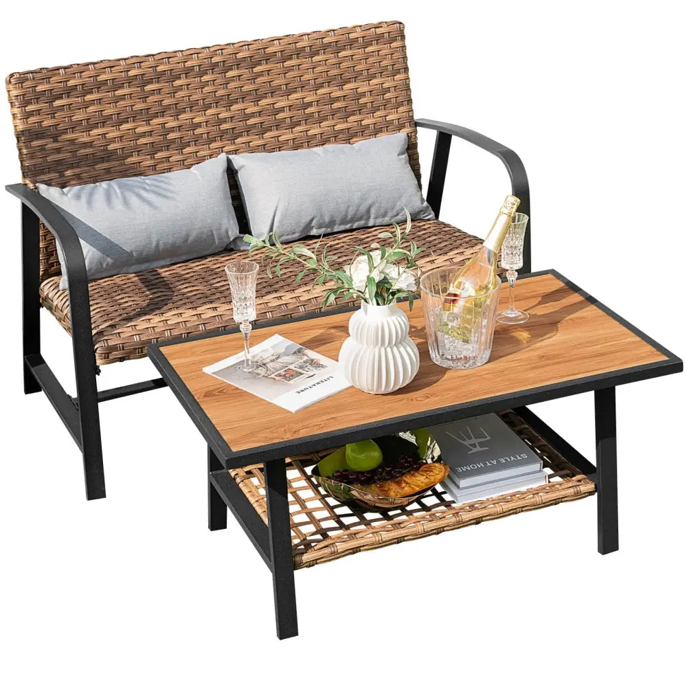 2 Pieces Patio Rattan Coffee Table Set with Shelf and Quick Dry Cushion - Brown - Outdoor Sectionals