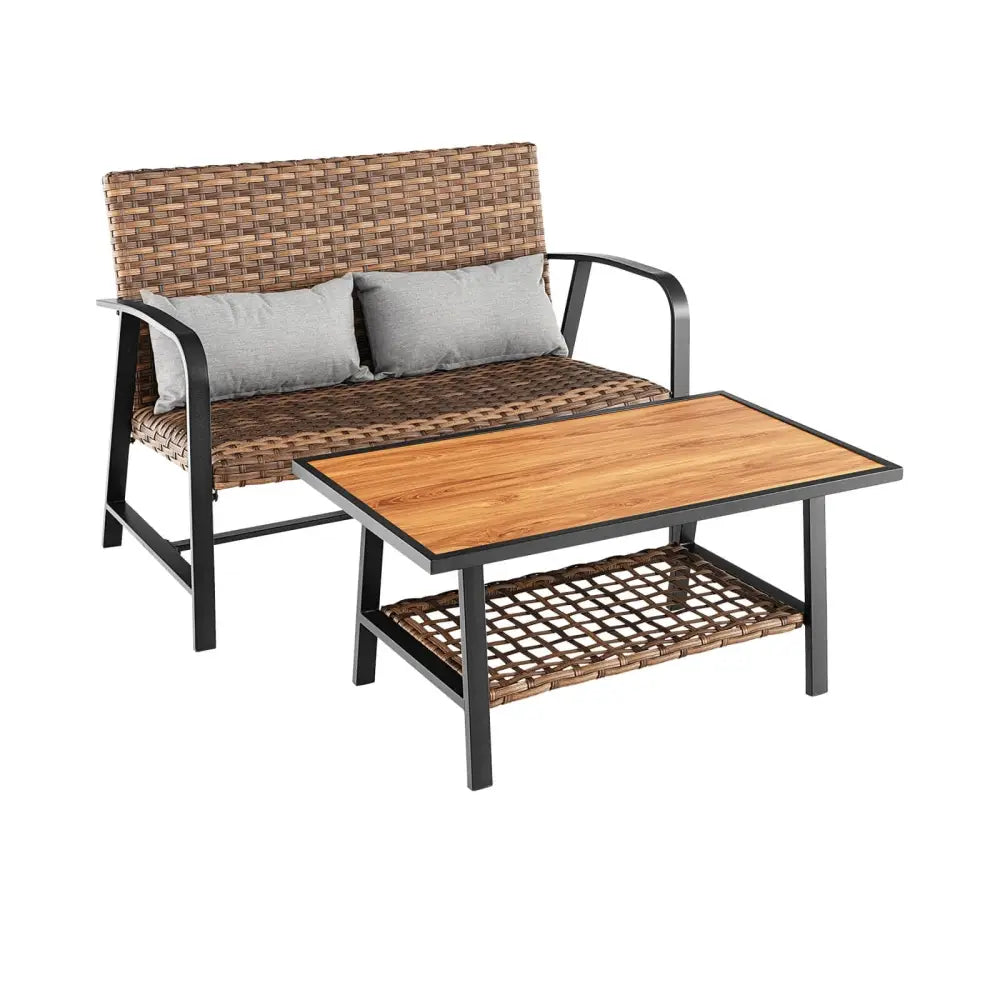 2 Pieces Patio Rattan Coffee Table Set with Shelf and Quick Dry Cushion - Brown - Outdoor Sectionals