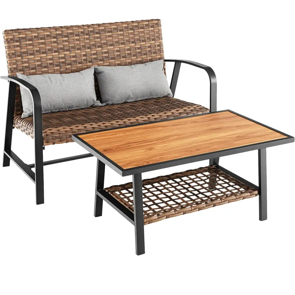 2 Pieces Patio Rattan Coffee Table Set with Shelf and Quick Dry Cushion - Brown - Outdoor Sectionals