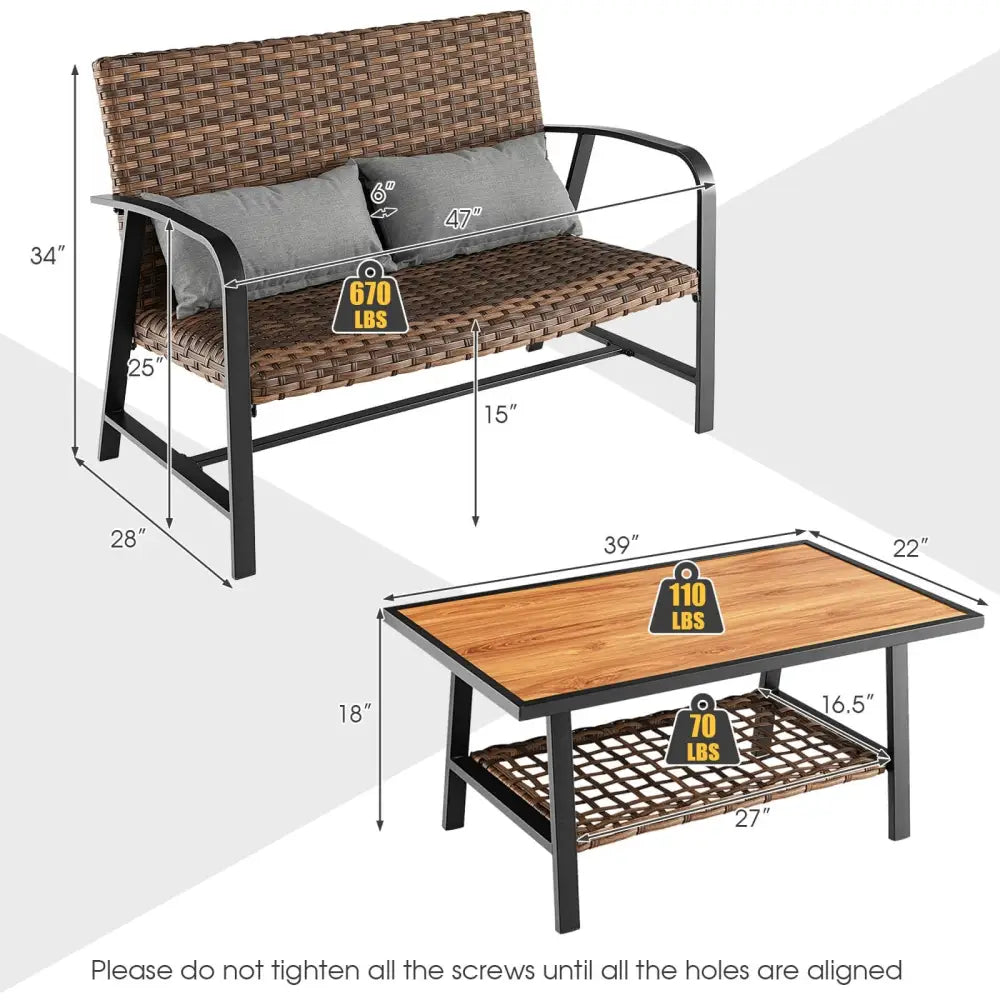 2 Pieces Patio Rattan Coffee Table Set with Shelf and Quick Dry Cushion - Brown - Outdoor Sectionals