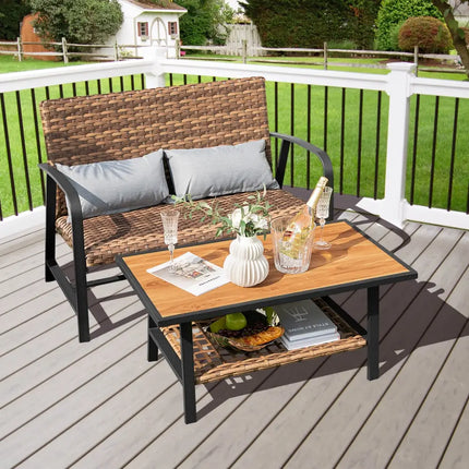 2 Pieces Patio Rattan Coffee Table Set with Shelf and Quick Dry Cushion - Brown - Outdoor Sectionals