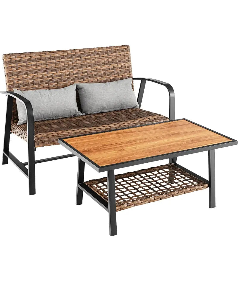 2 Pieces Patio Rattan Coffee Table Set with Shelf and Quick Dry Cushion - Brown - Outdoor Sectionals