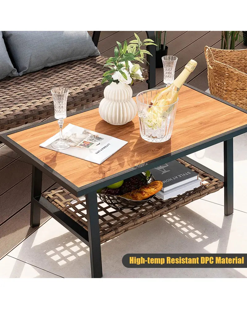 2 Pieces Patio Rattan Coffee Table Set with Shelf and Quick Dry Cushion - Brown - Outdoor Sectionals