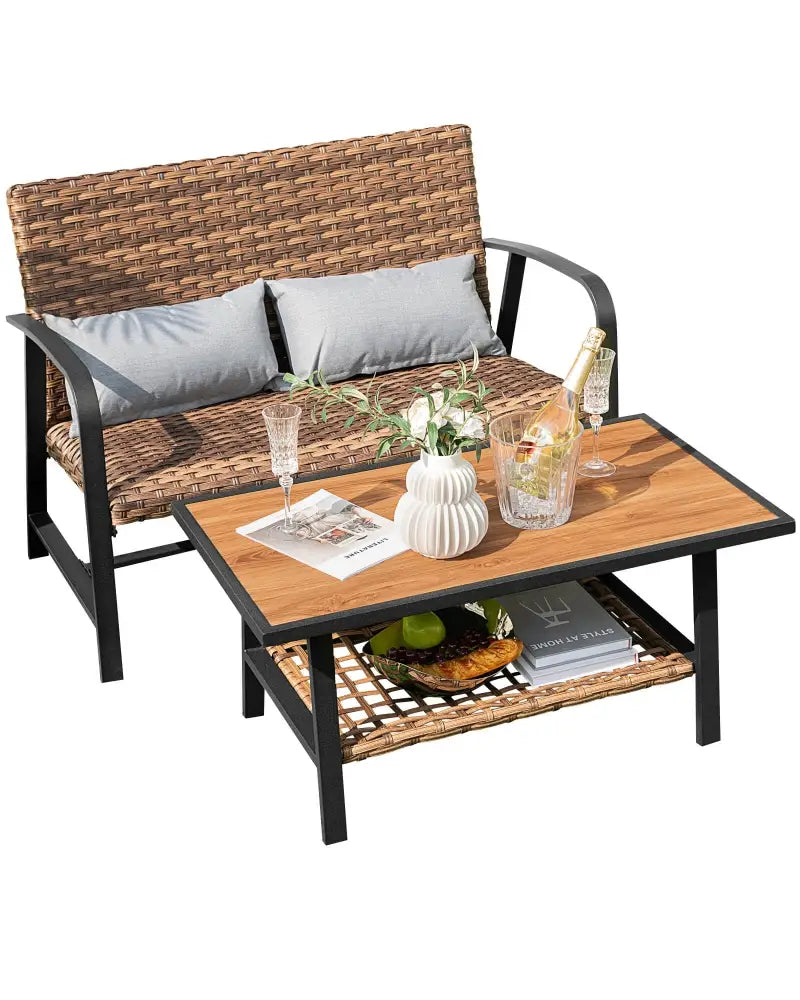 2 Pieces Patio Rattan Coffee Table Set with Shelf and Quick Dry Cushion - Brown - Outdoor Sectionals