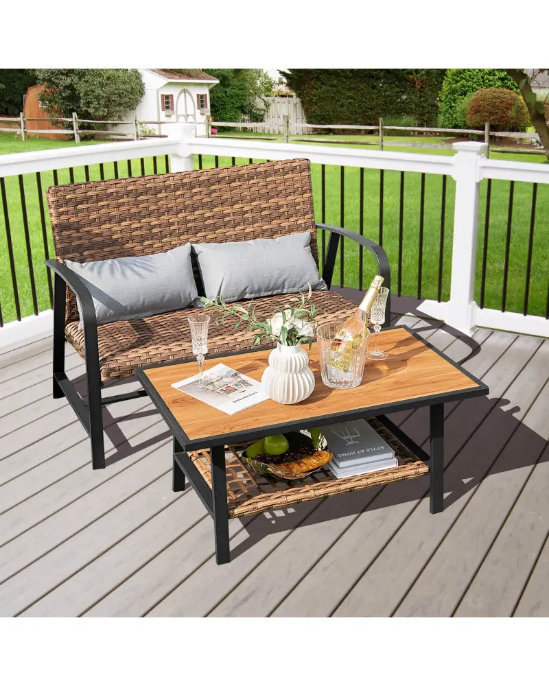 2 Pieces Patio Rattan Coffee Table Set with Shelf and Quick Dry Cushion - Brown - Outdoor Sectionals
