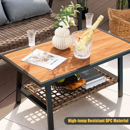 2 Pieces Patio Rattan Coffee Table Set with Shelf and Quick Dry Cushion - Brown - Outdoor Sectionals