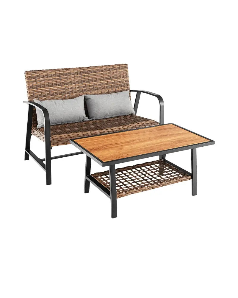 2 Pieces Patio Rattan Coffee Table Set with Shelf and Quick Dry Cushion - Brown - Outdoor Sectionals