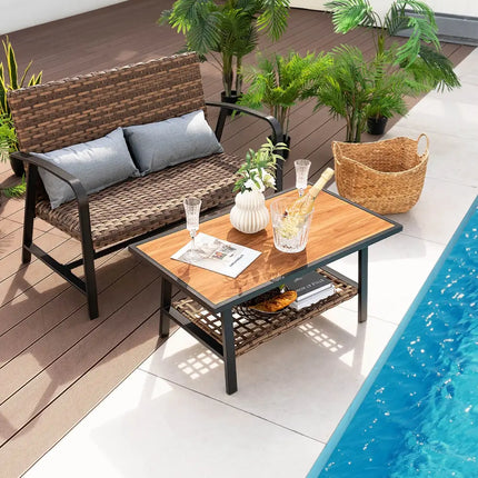 2 Pieces Patio Rattan Coffee Table Set with Shelf and Quick Dry Cushion - Brown - Outdoor Sectionals