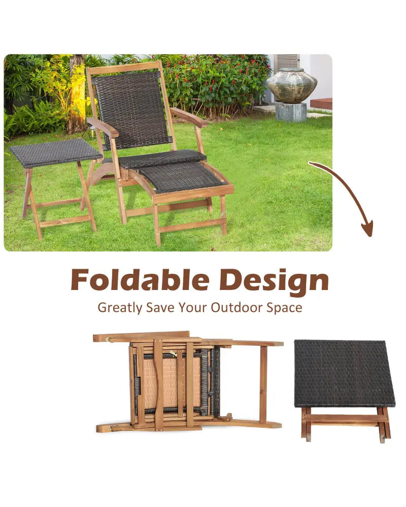 2 Pieces Patio Rattan Folding Lounge Chair with Acacia Wood Table - Brown - Outdoor Chaise Lounges