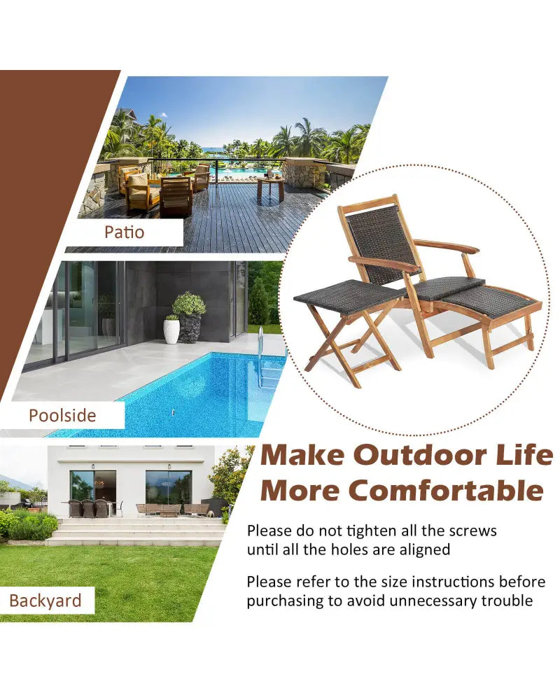 2 Pieces Patio Rattan Folding Lounge Chair with Acacia Wood Table - Brown - Outdoor Chaise Lounges
