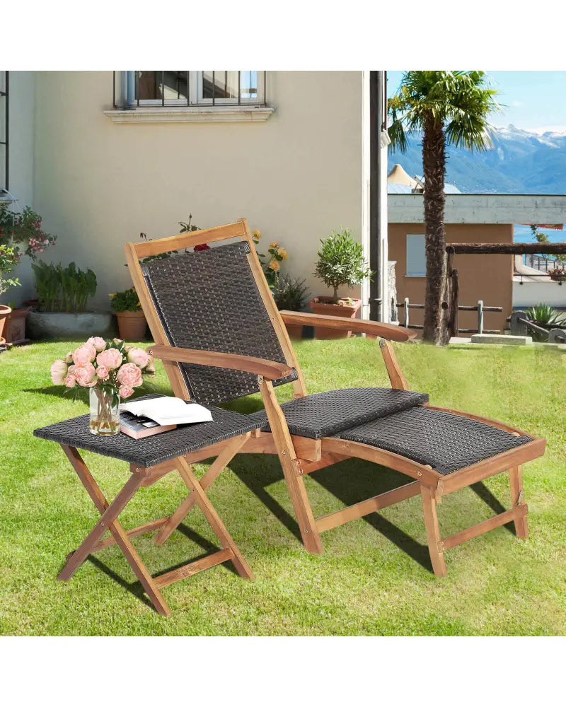 2 Pieces Patio Rattan Folding Lounge Chair with Acacia Wood Table - Brown - Outdoor Chaise Lounges