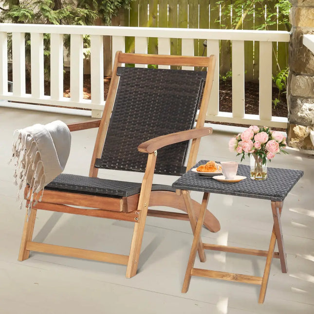 2 Pieces Patio Rattan Folding Lounge Chair with Acacia Wood Table - Brown - Outdoor Chaise Lounges