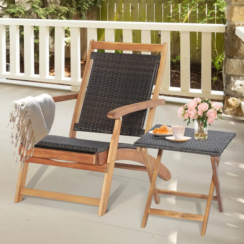 2 Pieces Patio Rattan Folding Lounge Chair with Acacia Wood Table - Brown - Outdoor Chaise Lounges