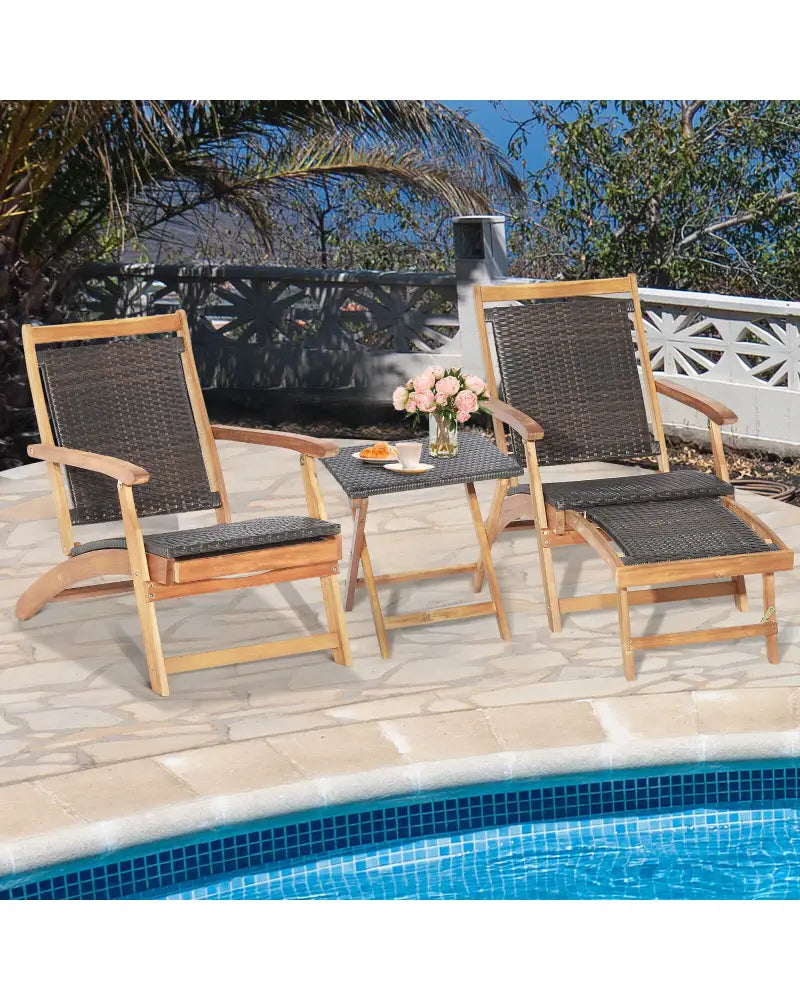 2 Pieces Patio Rattan Folding Lounge Chair with Acacia Wood Table - Brown - Outdoor Chaise Lounges