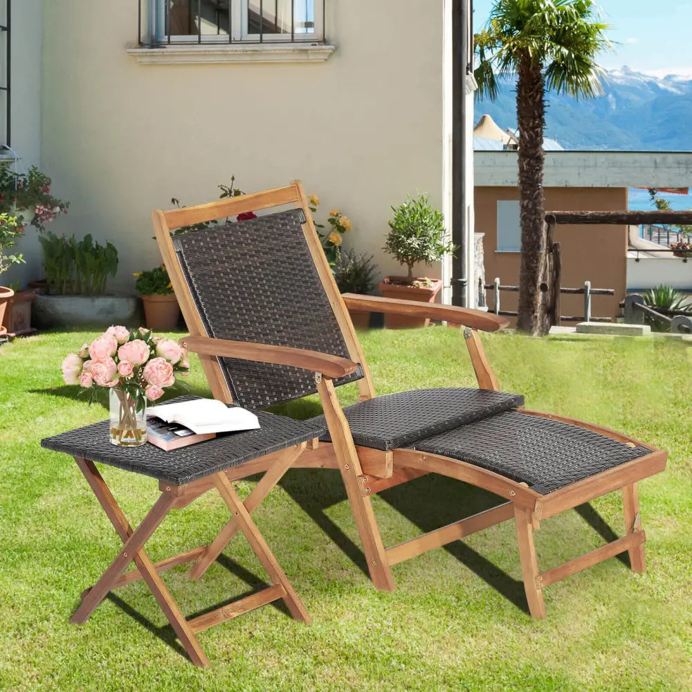 2 Pieces Patio Rattan Folding Lounge Chair with Acacia Wood Table - Brown - Outdoor Chaise Lounges