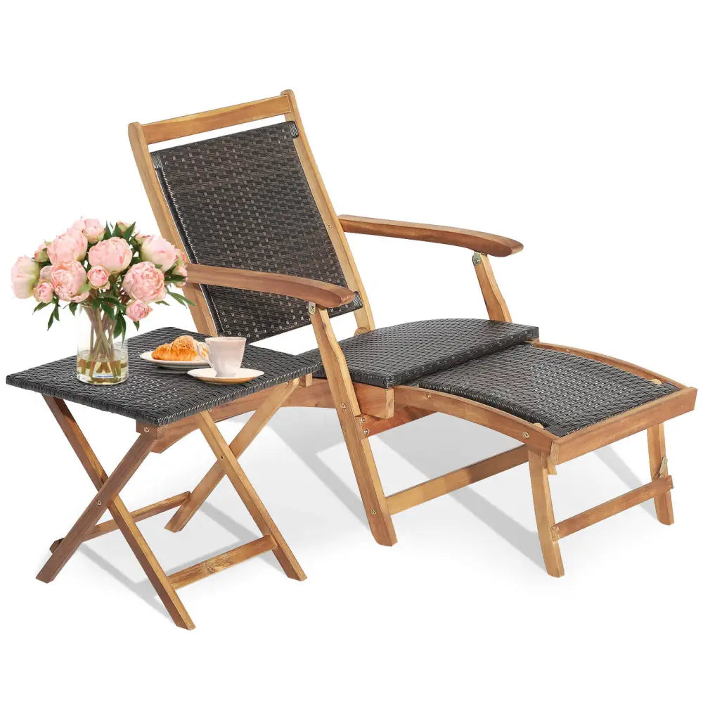 2 Pieces Patio Rattan Folding Lounge Chair with Acacia Wood Table - Brown - Outdoor Chaise Lounges