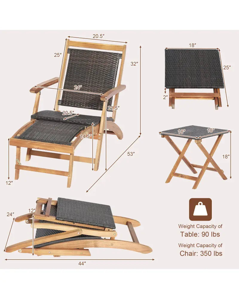 2 Pieces Patio Rattan Folding Lounge Chair with Acacia Wood Table - Brown - Outdoor Chaise Lounges