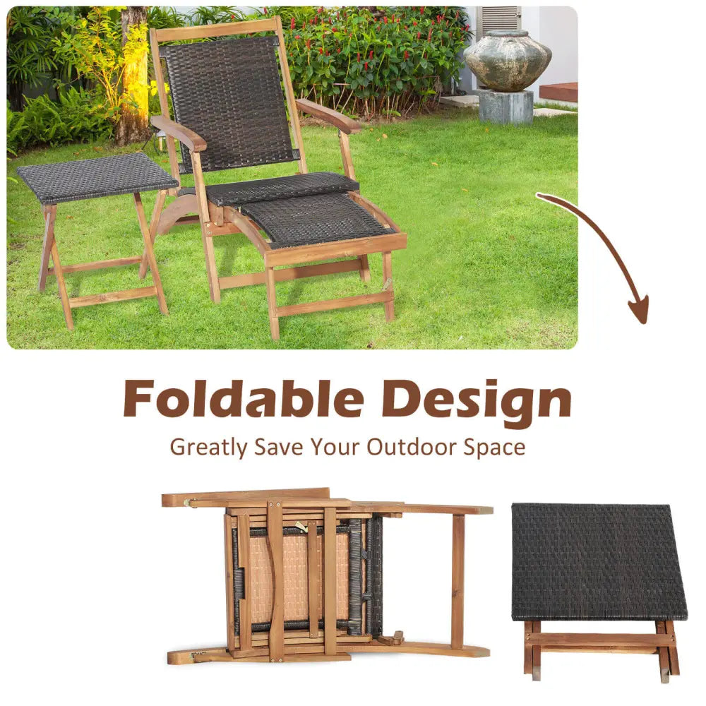 2 Pieces Patio Rattan Folding Lounge Chair with Acacia Wood Table - Brown - Outdoor Chaise Lounges
