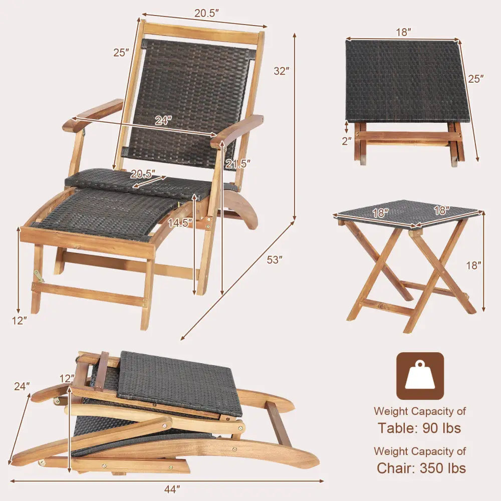 2 Pieces Patio Rattan Folding Lounge Chair with Acacia Wood Table - Brown - Outdoor Chaise Lounges