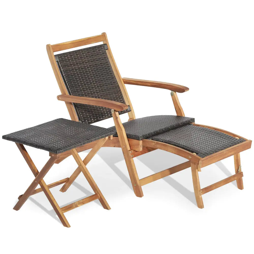 2 Pieces Patio Rattan Folding Lounge Chair with Acacia Wood Table - Brown - Outdoor Chaise Lounges